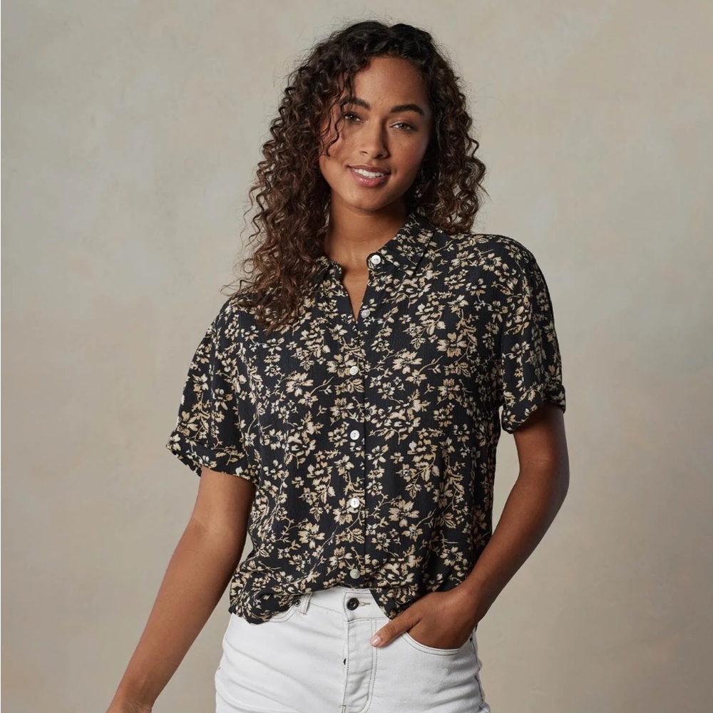 NWT The Normal Brand Black and Cream Floral Shirt size small